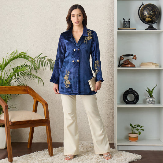 Prussian Blue Double Breasted Floral Embroidery Jacket