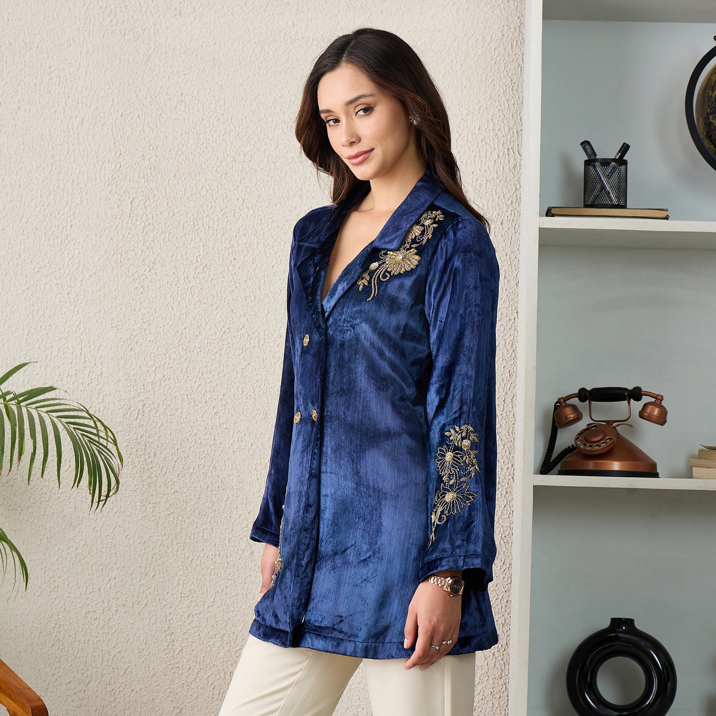 Prussian Blue Double Breasted Floral Embroidery Jacket