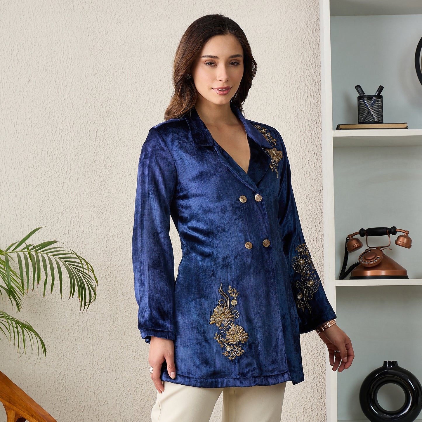 Prussian Blue Double Breasted Floral Embroidery Jacket