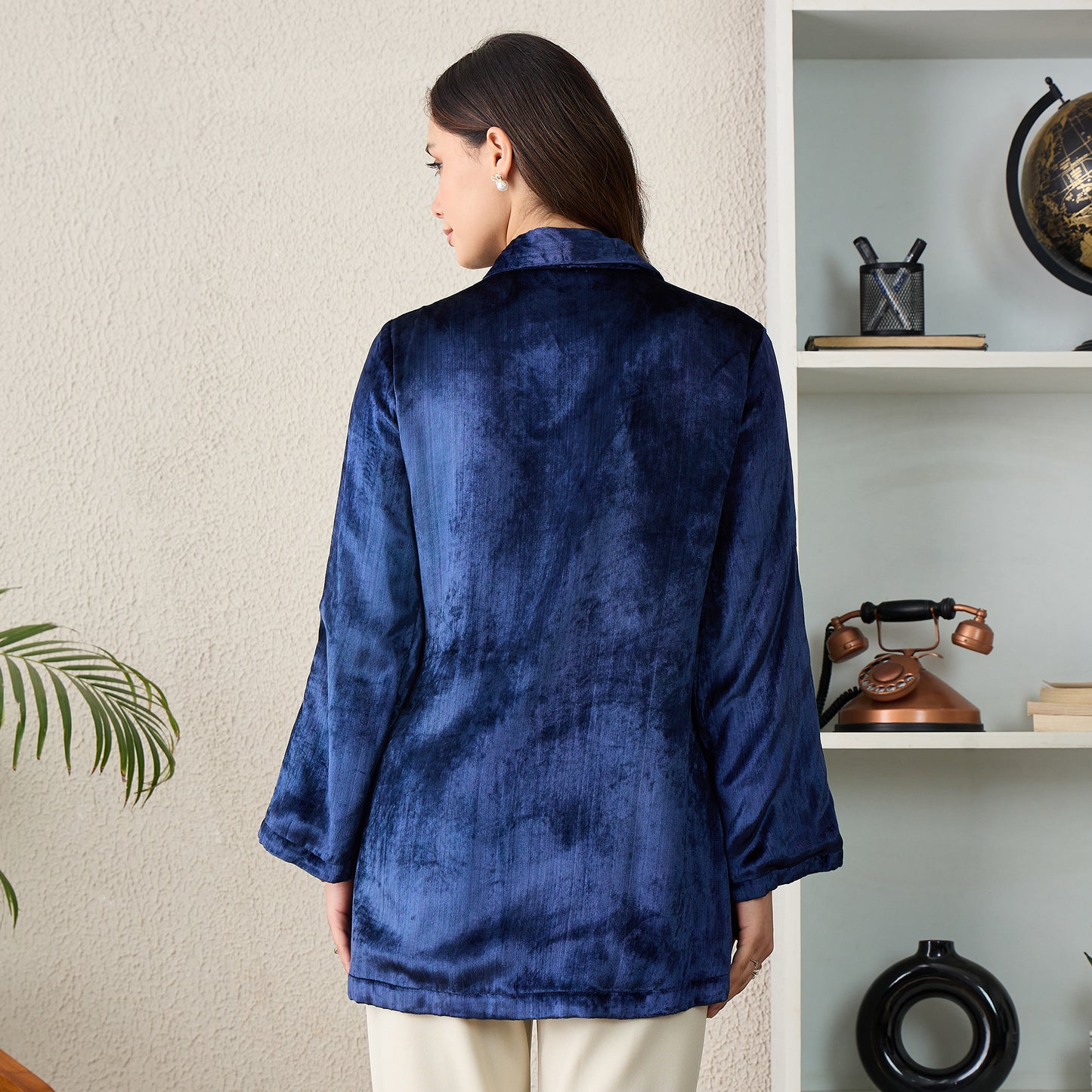 Prussian Blue Double Breasted Floral Embroidery Jacket