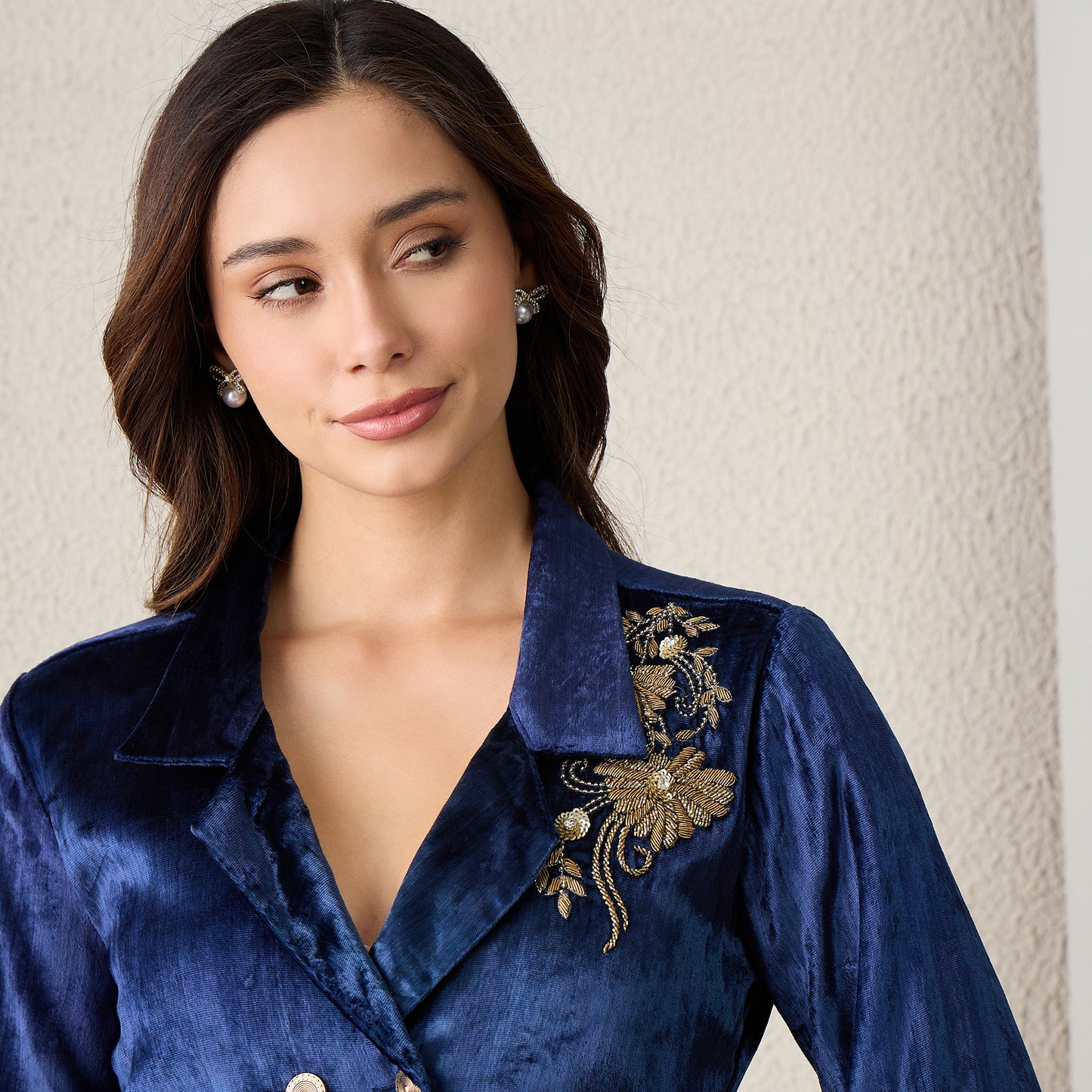 Prussian Blue Double Breasted Floral Embroidery Jacket