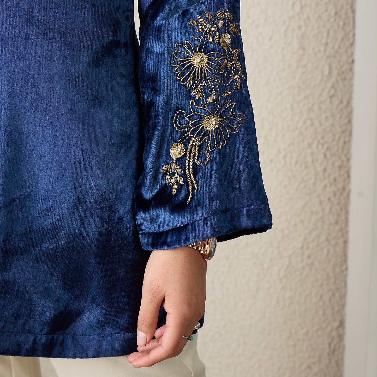 Prussian Blue Double Breasted Floral Embroidery Jacket