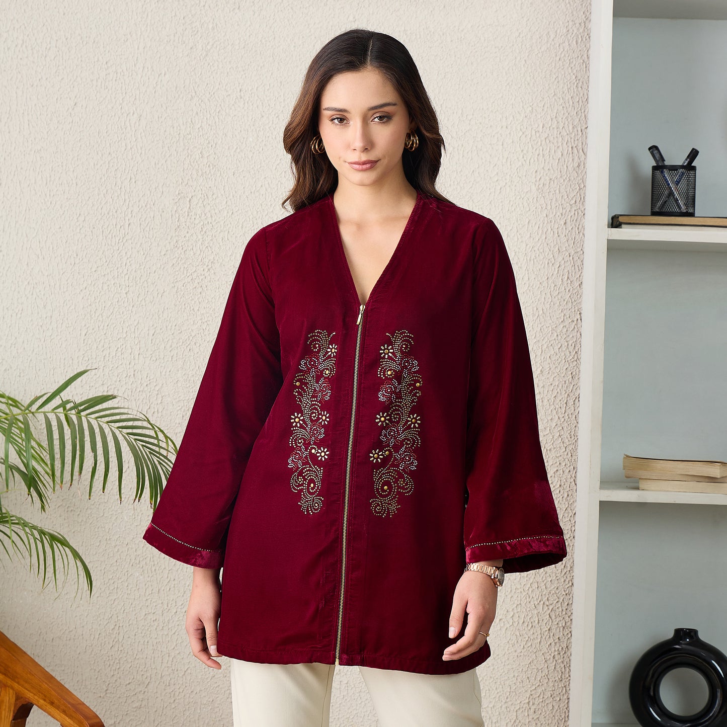 Maroon Jacket with Front Embellishments Velvet Top
