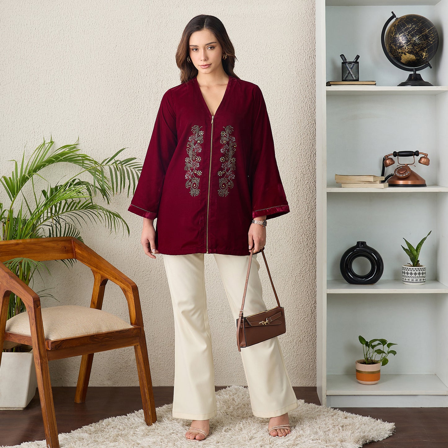 Maroon Jacket with Front Embellishments Velvet Top