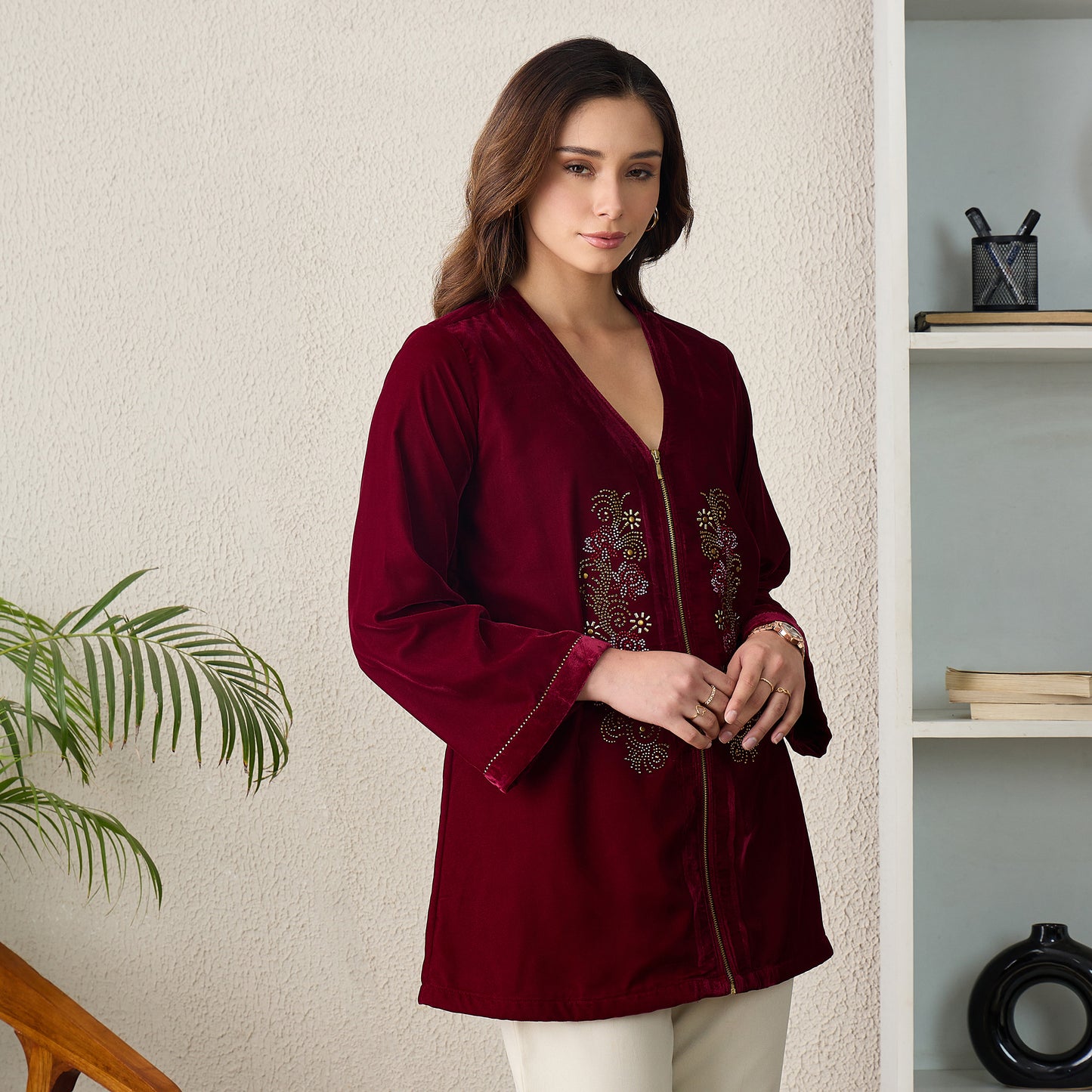 Maroon Jacket with Front Embellishments Velvet Top