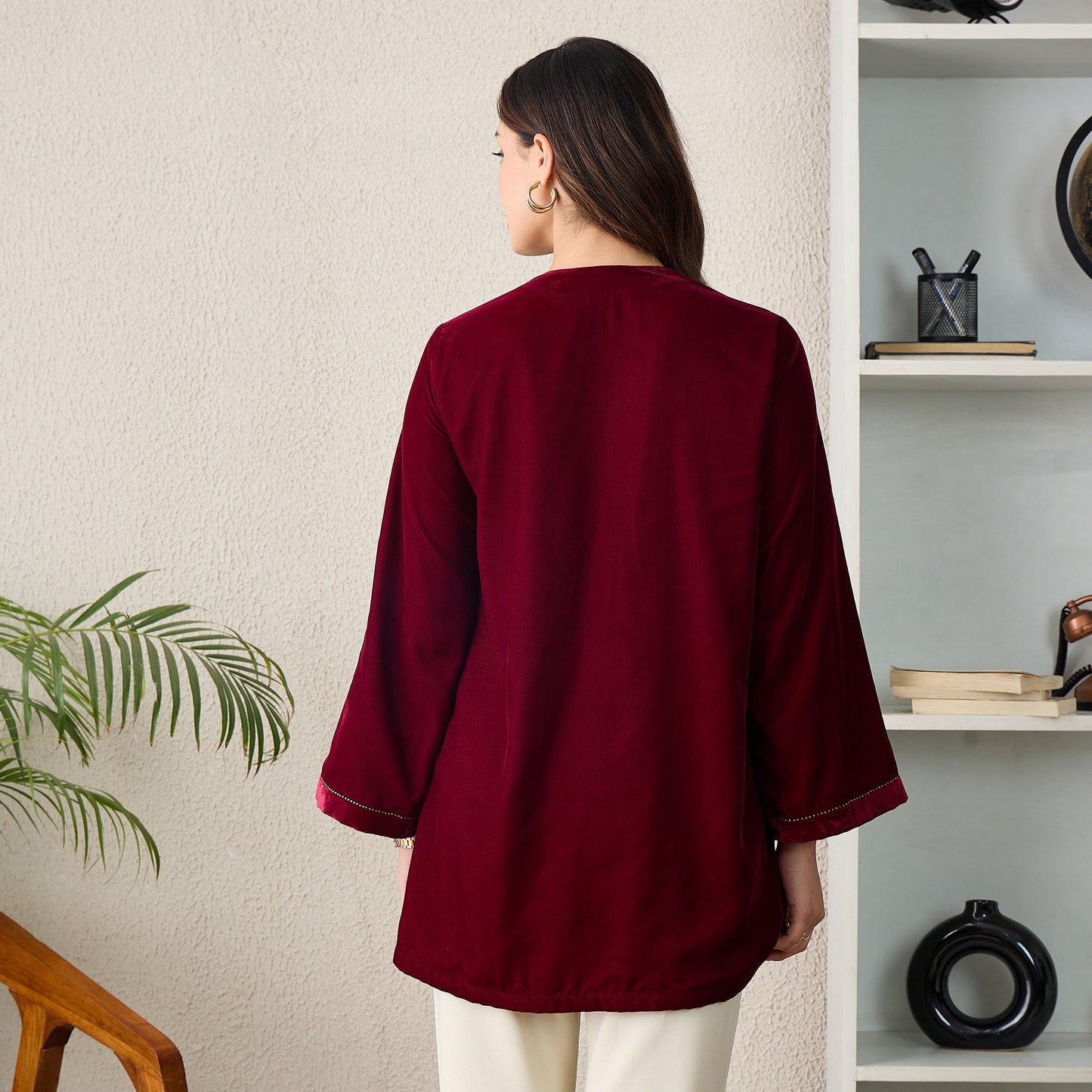 Maroon Jacket with Front Embellishments Velvet Top
