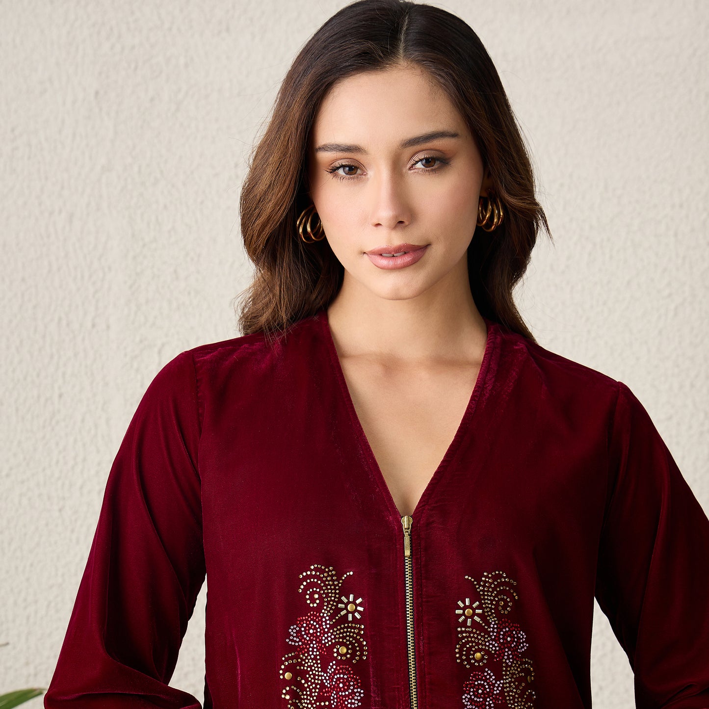 Maroon Jacket with Front Embellishments Velvet Top