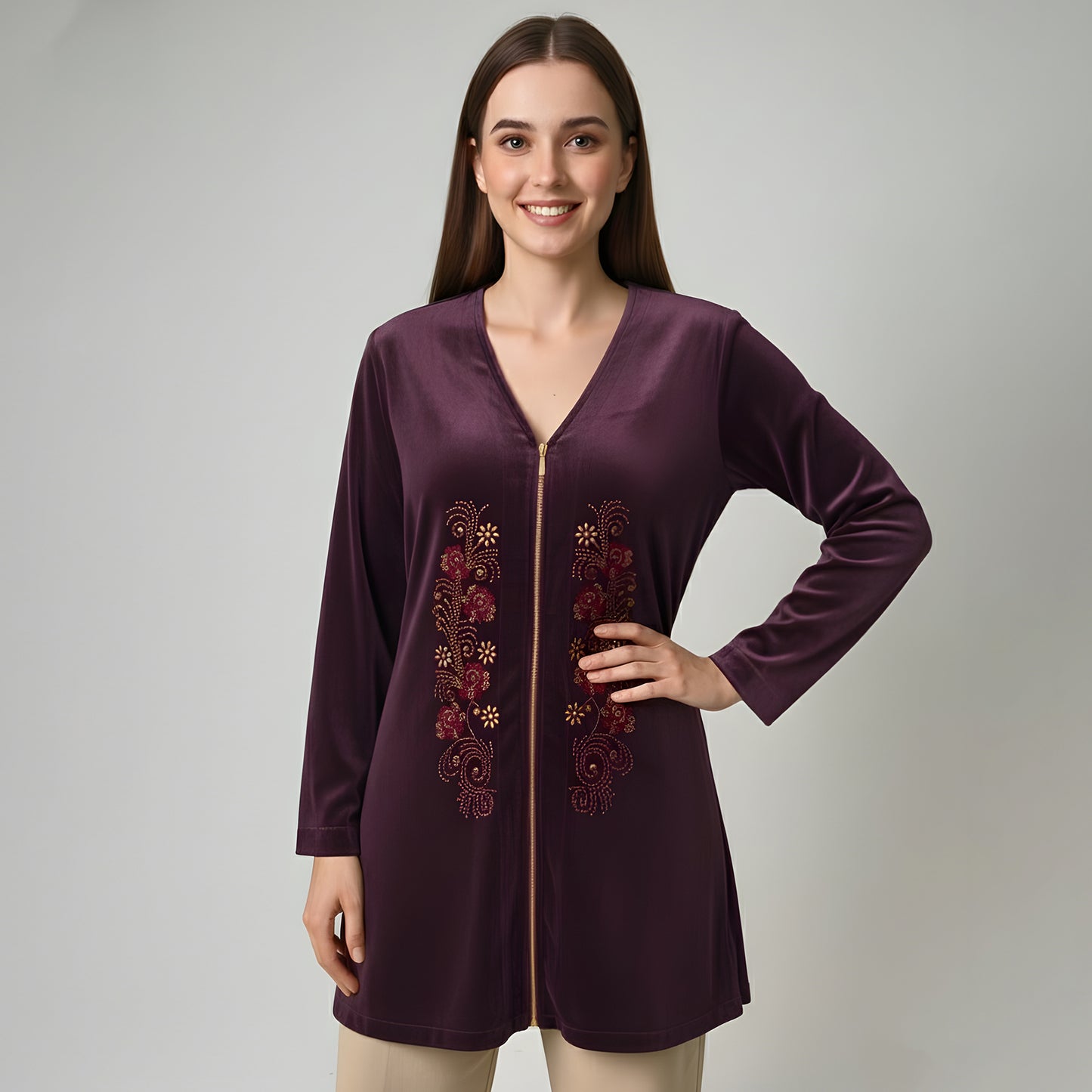 Plum Grey Jacket with Front Embellishments Velvet Top