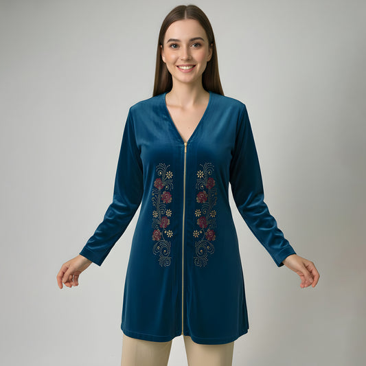 Teal Jacket with Front Embellishments Velvet Top