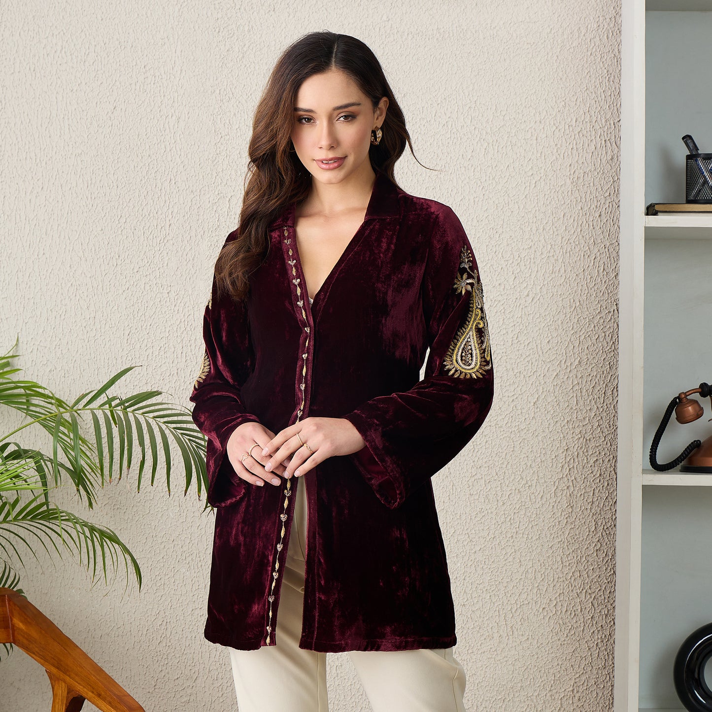 Maroon Paisley Hand Embroidered Velvet Jacket