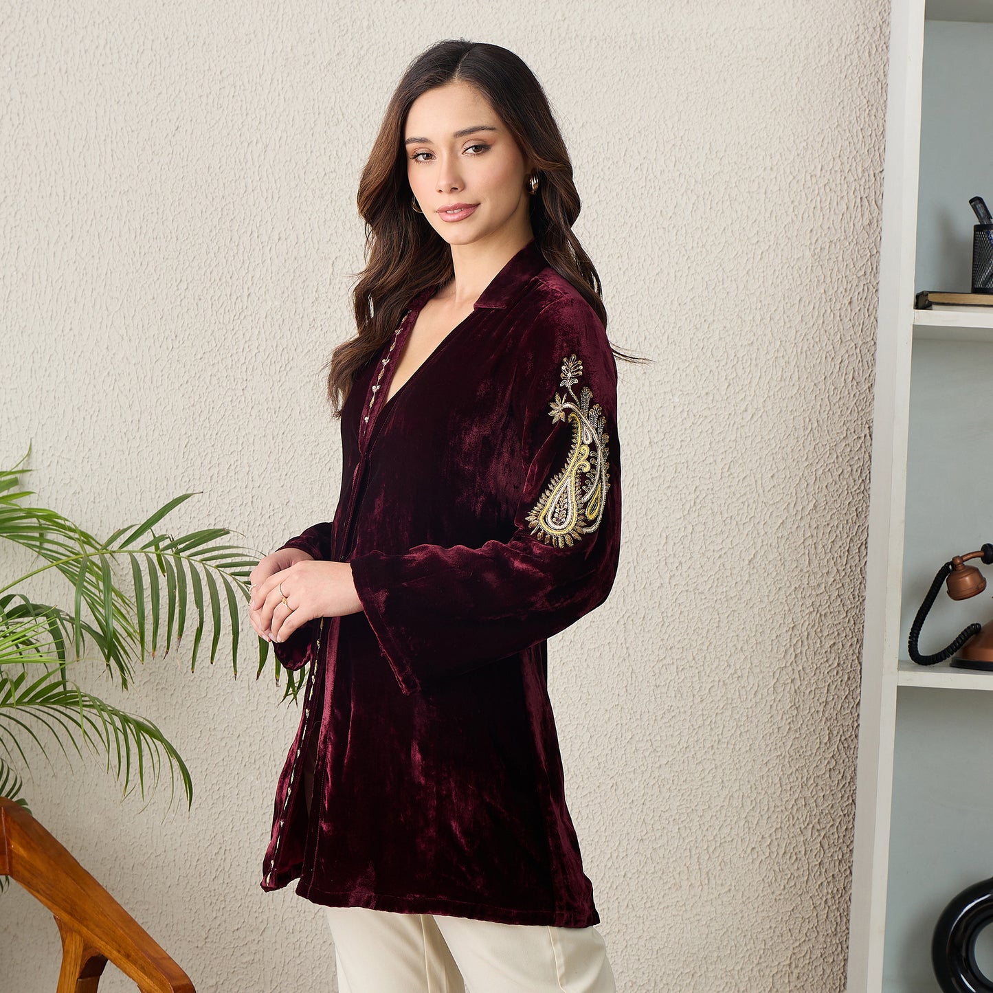 Maroon Paisley Hand Embroidered Velvet Jacket