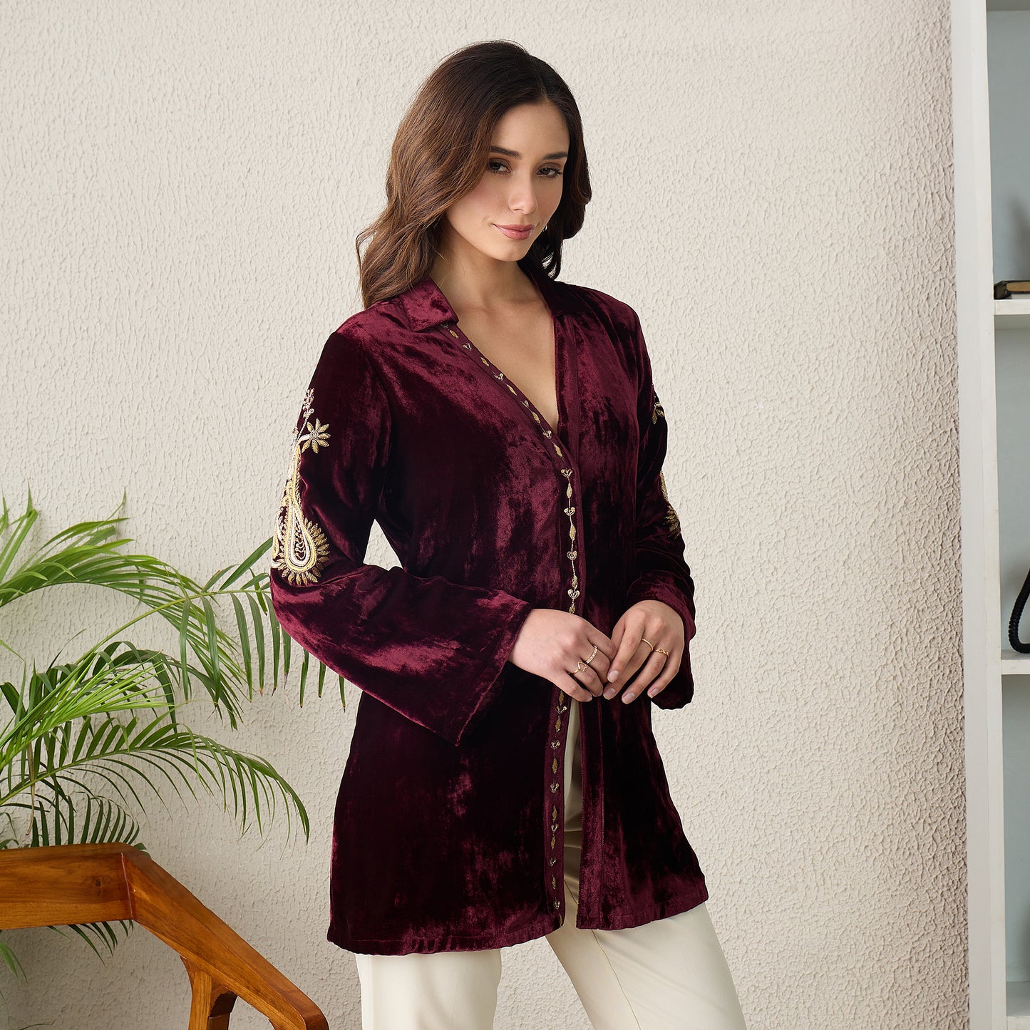 Maroon Paisley Hand Embroidered Velvet Jacket