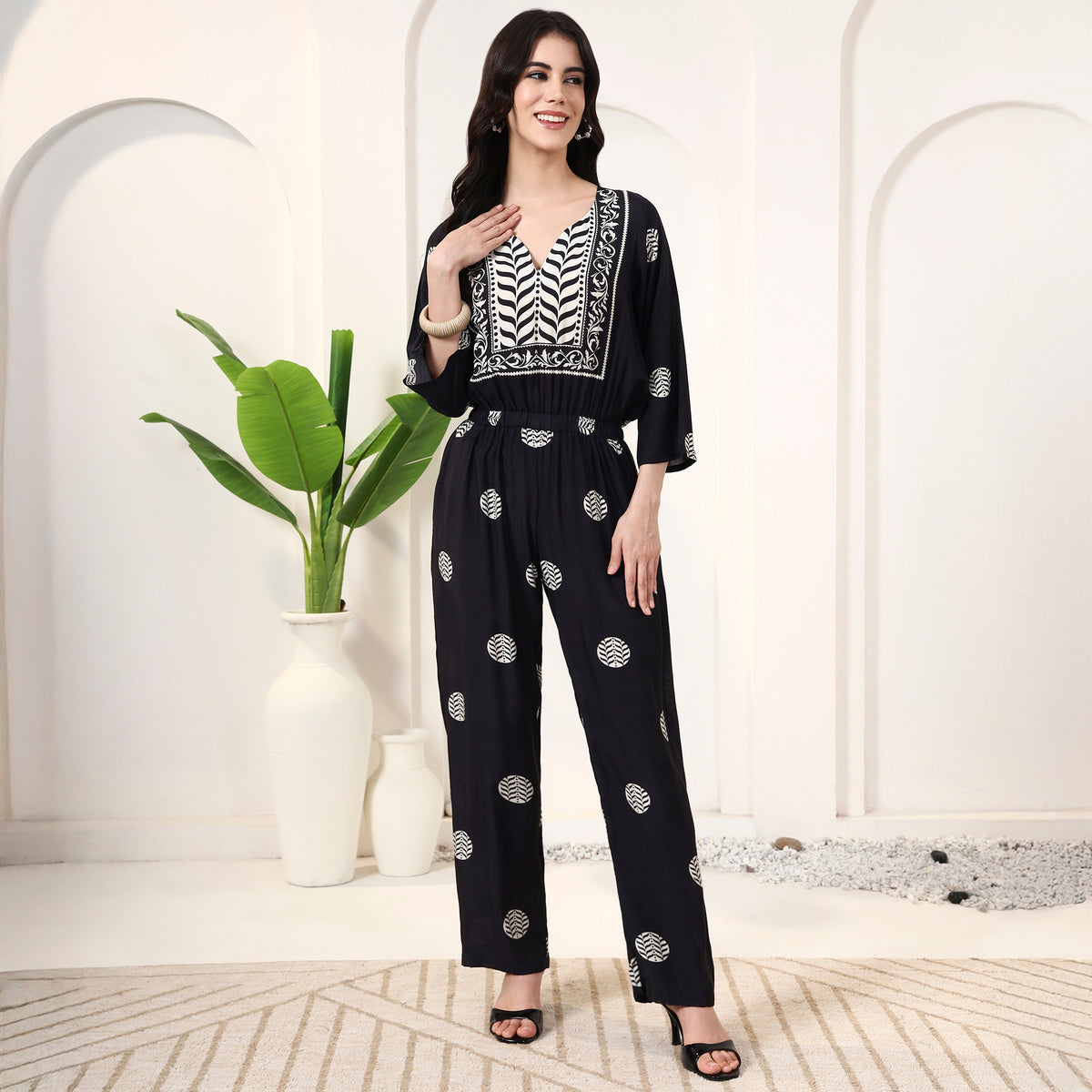 Black and White Geometric Print Jumpsuit for Women – Bamberg Muslin | First Resort by Ramola Bachchan