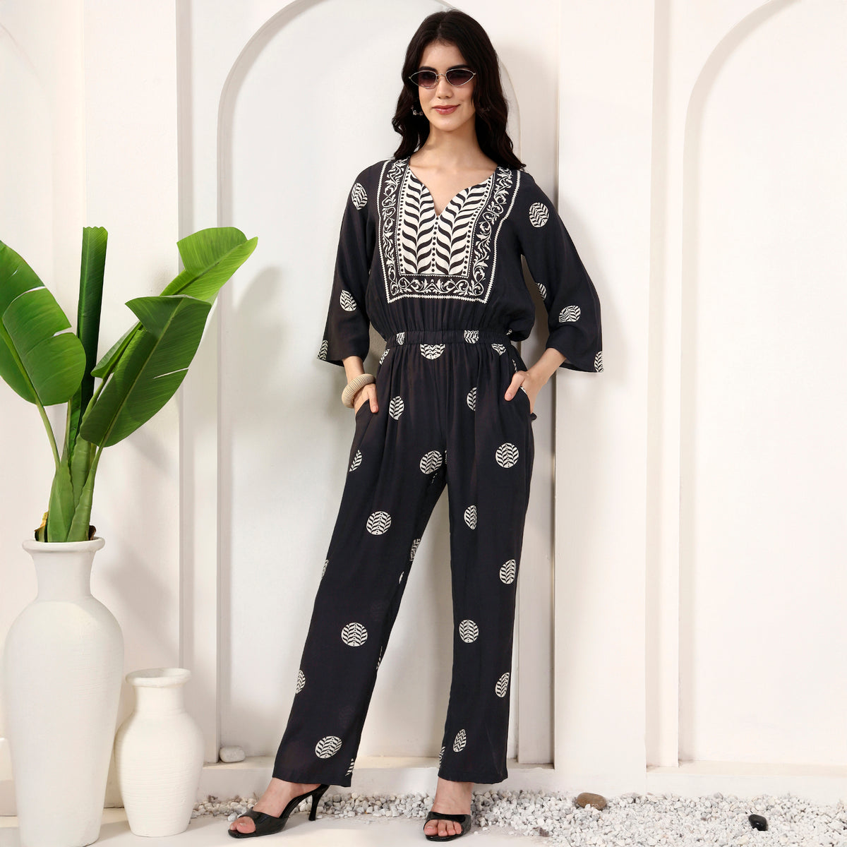 Black and White Geometric Print Jumpsuit for Women – Bamberg Muslin – Front View | First Resort by Ramola Bachchan