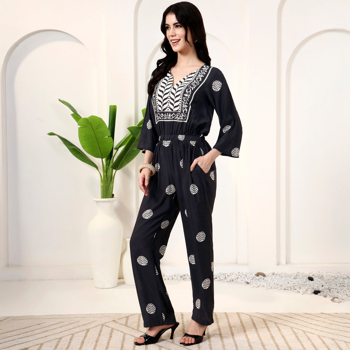 Black and White Geometric Print Jumpsuit for Women – Bamberg Muslin – Model View | First Resort by Ramola Bachchan