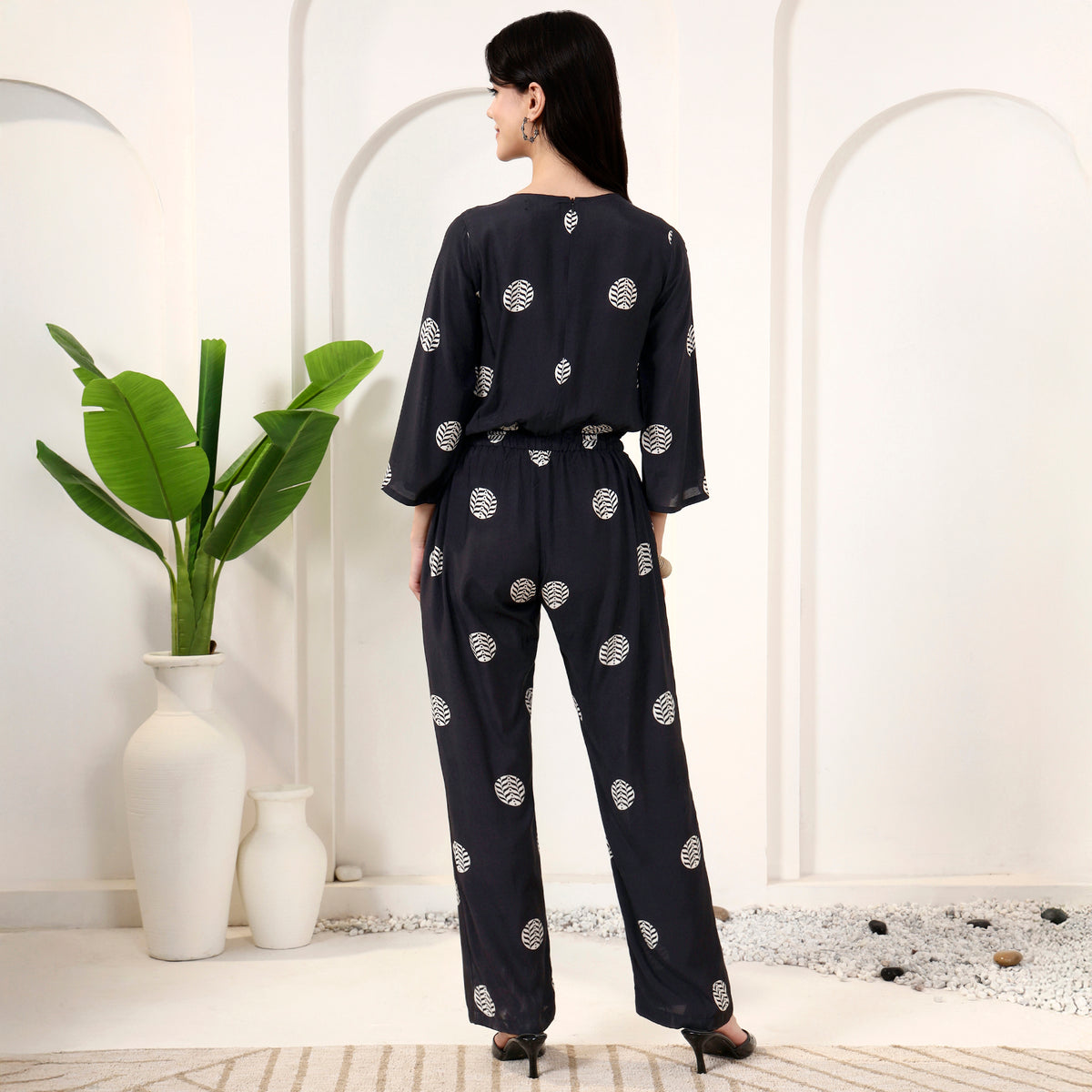 Black and White Geometric Print Jumpsuit for Women – Bamberg Muslin – Detail View | First Resort by Ramola Bachchan