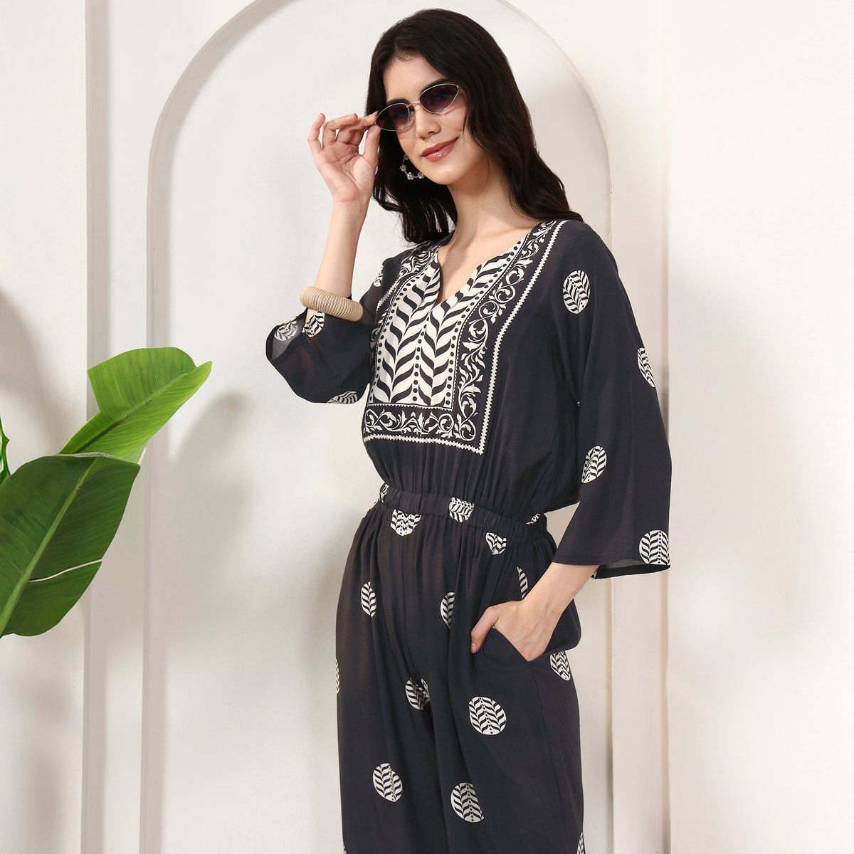 Black and White Geometric Print Jumpsuit for Women – Bamberg Muslin – Back View | First Resort by Ramola Bachchan