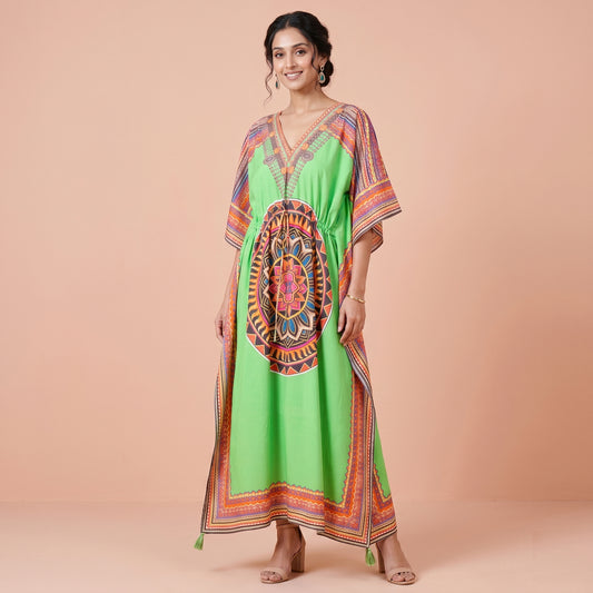 Green Tribal Print Kaftan for Women – Cotton Poplin | First Resort by Ramola Bachchan