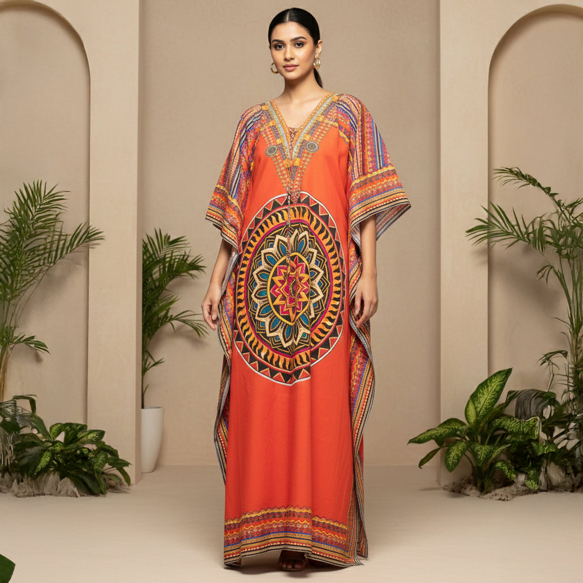 Orange Tribal Print Kaftan for Women – Cotton Poplin | First Resort by Ramola Bachchan