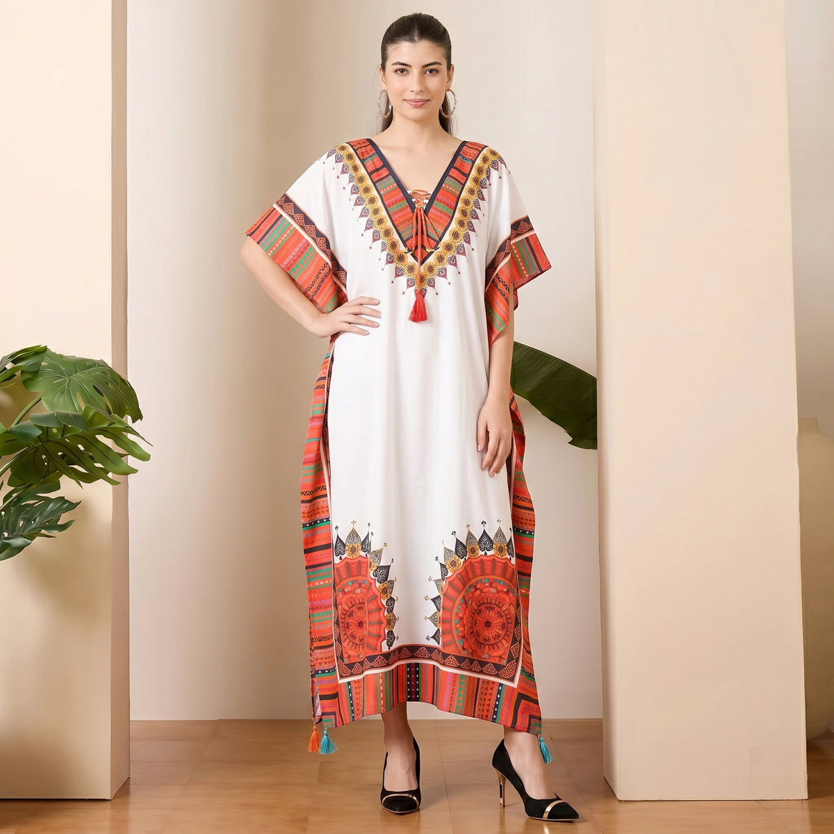 White And Pink Tribal Print Kaftan for Women – Cotton Poplin | First Resort by Ramola Bachchan