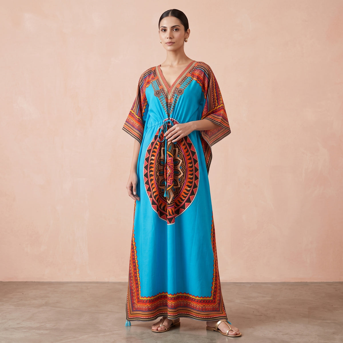 Blue Tribal Print Kaftan for Women – Embellished | First Resort by Ramola Bachchan