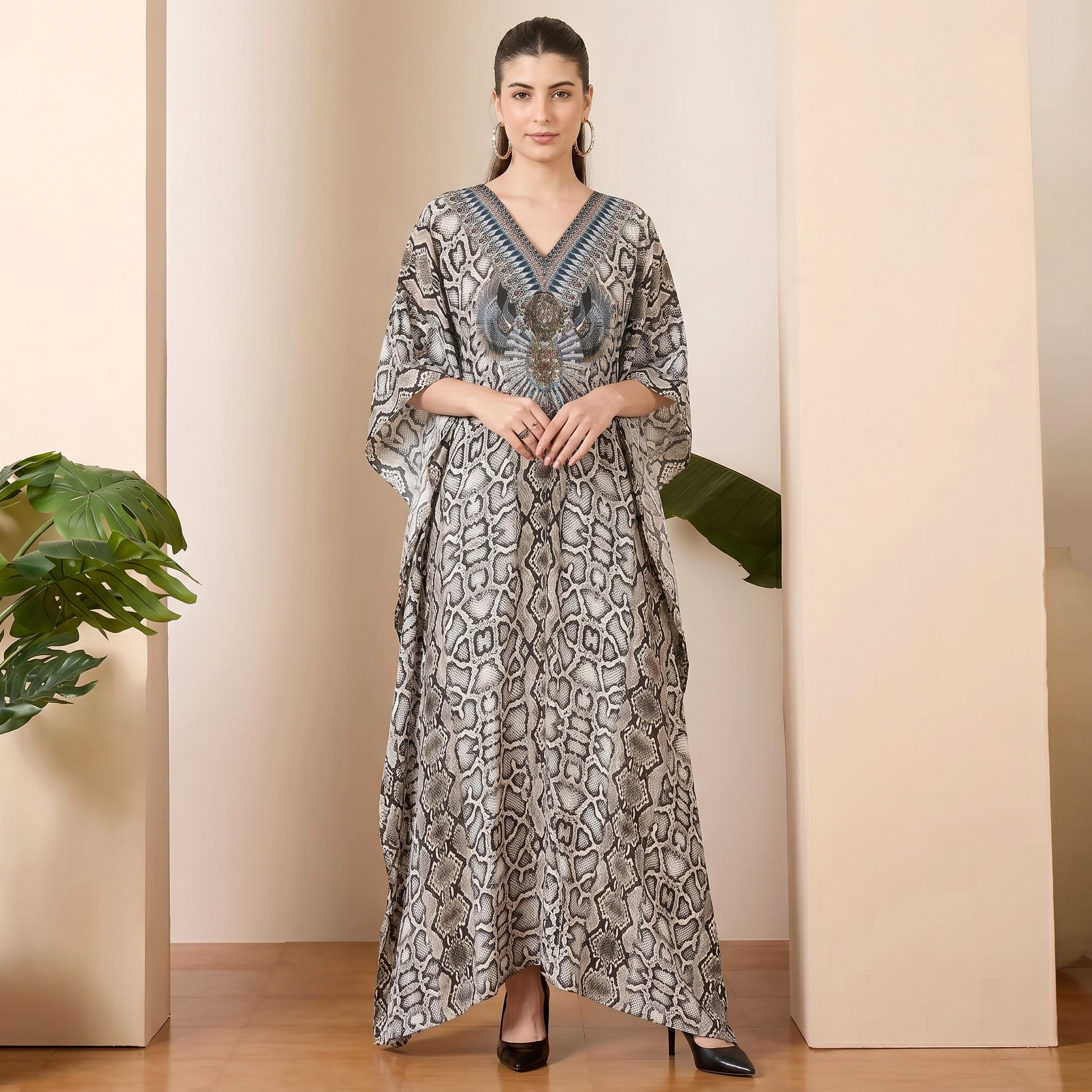 Beige Animal Print Kaftan for Women – Embellished | First Resort by Ramola Bachchan