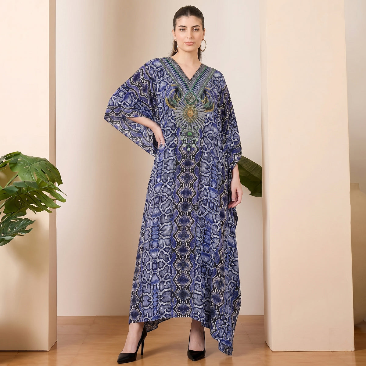 Blue Animal Print Kaftan for Women – Embellished | First Resort by Ramola Bachchan