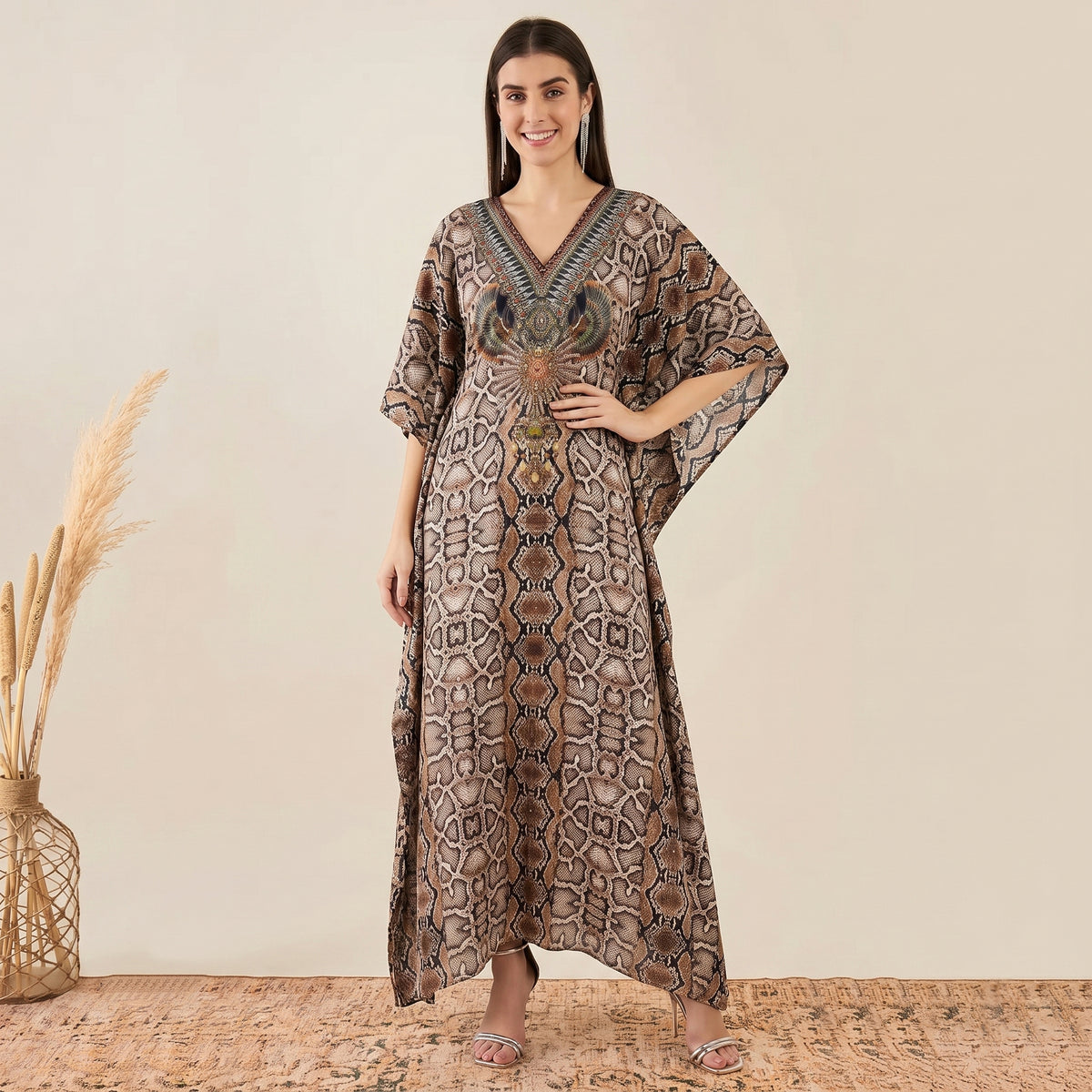 Brown Animal Print Kaftan for Women – Embellished | First Resort by Ramola Bachchan