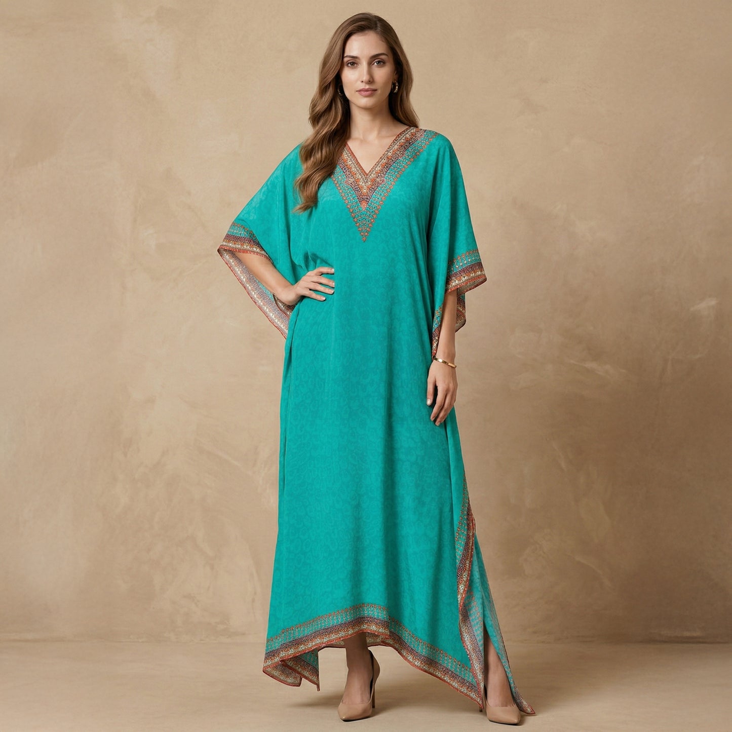 Green Pearl Print Kaftan for Women – Embellished | First Resort by Ramola Bachchan