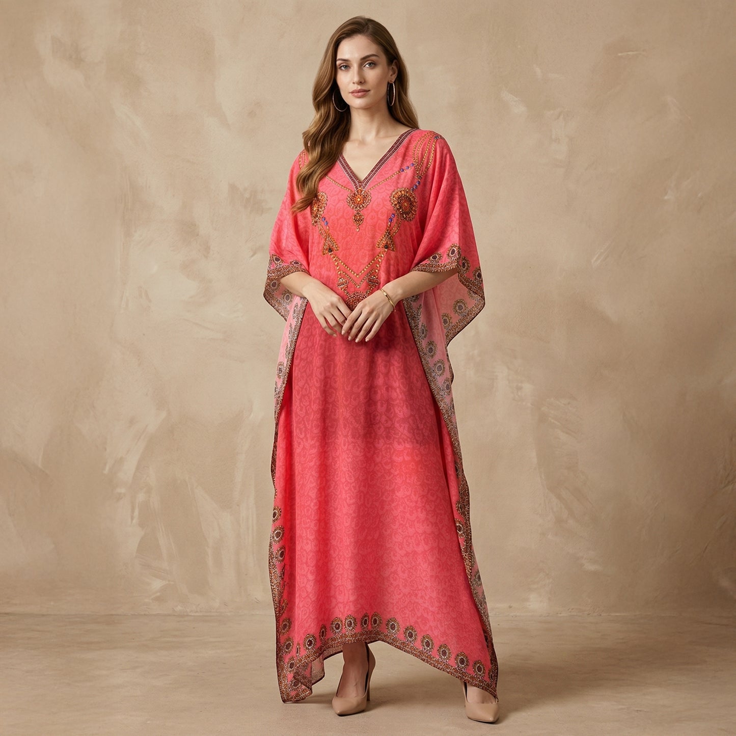 Hot Pink Pearl Print Kaftan for Women – Embellished | First Resort by Ramola Bachchan