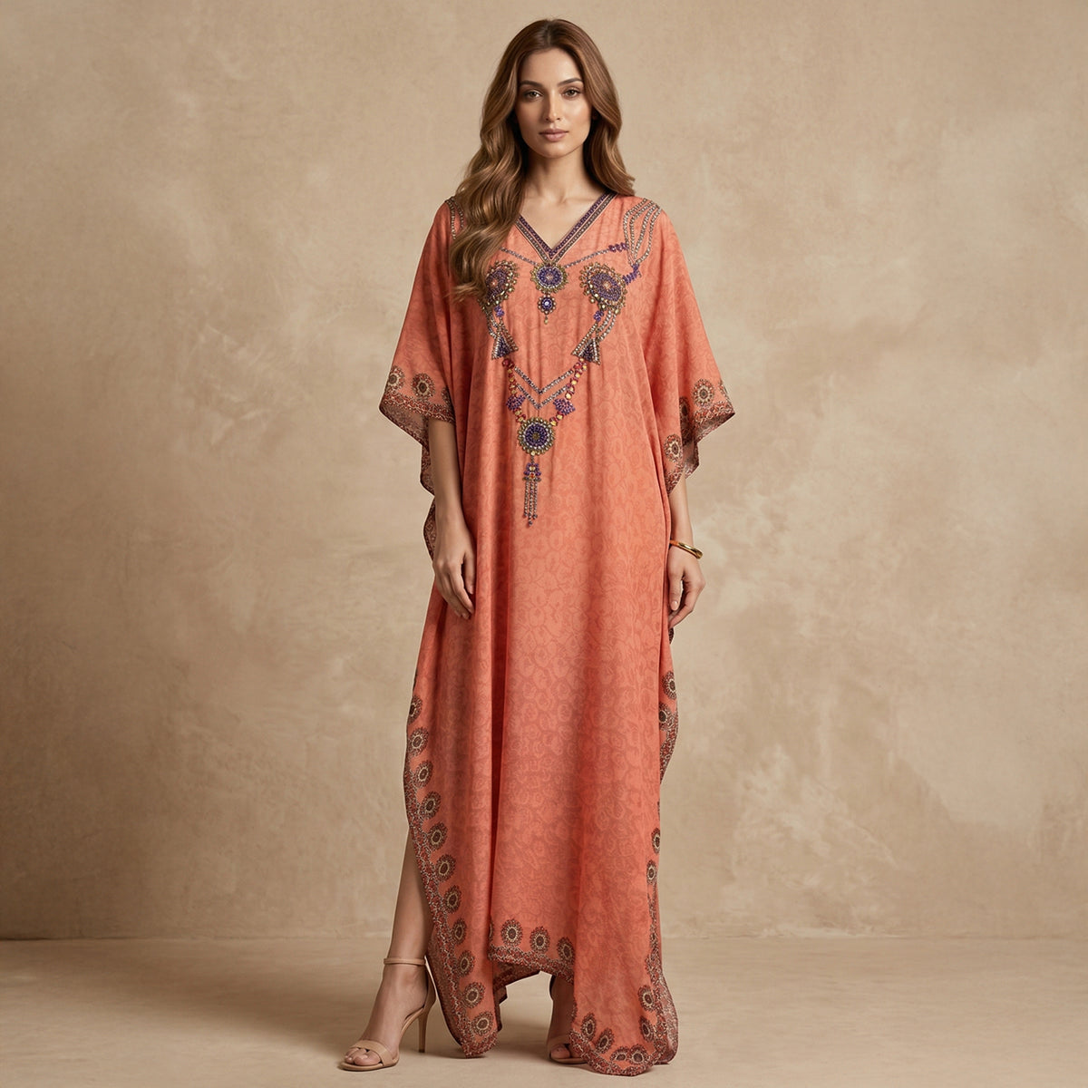Orange Pearl Print Kaftan for Women – Embellished | First Resort by Ramola Bachchan