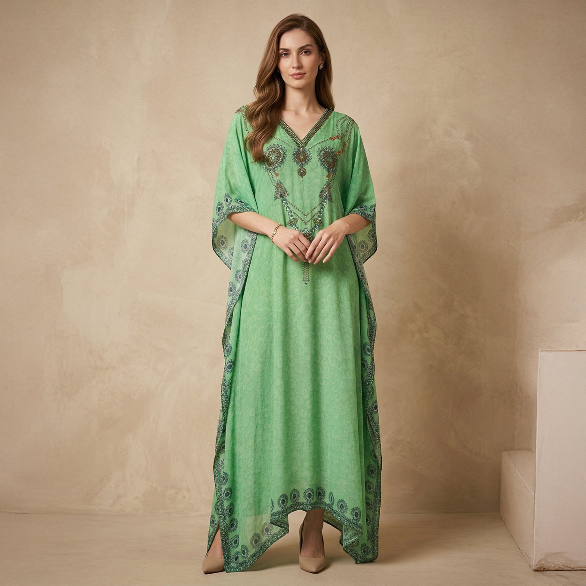 Parrot Green Pearl Print Kaftan for Women – Embellished | First Resort by Ramola Bachchan