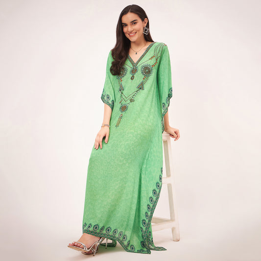 Parrot Green Pearl Full Length Kaftan
