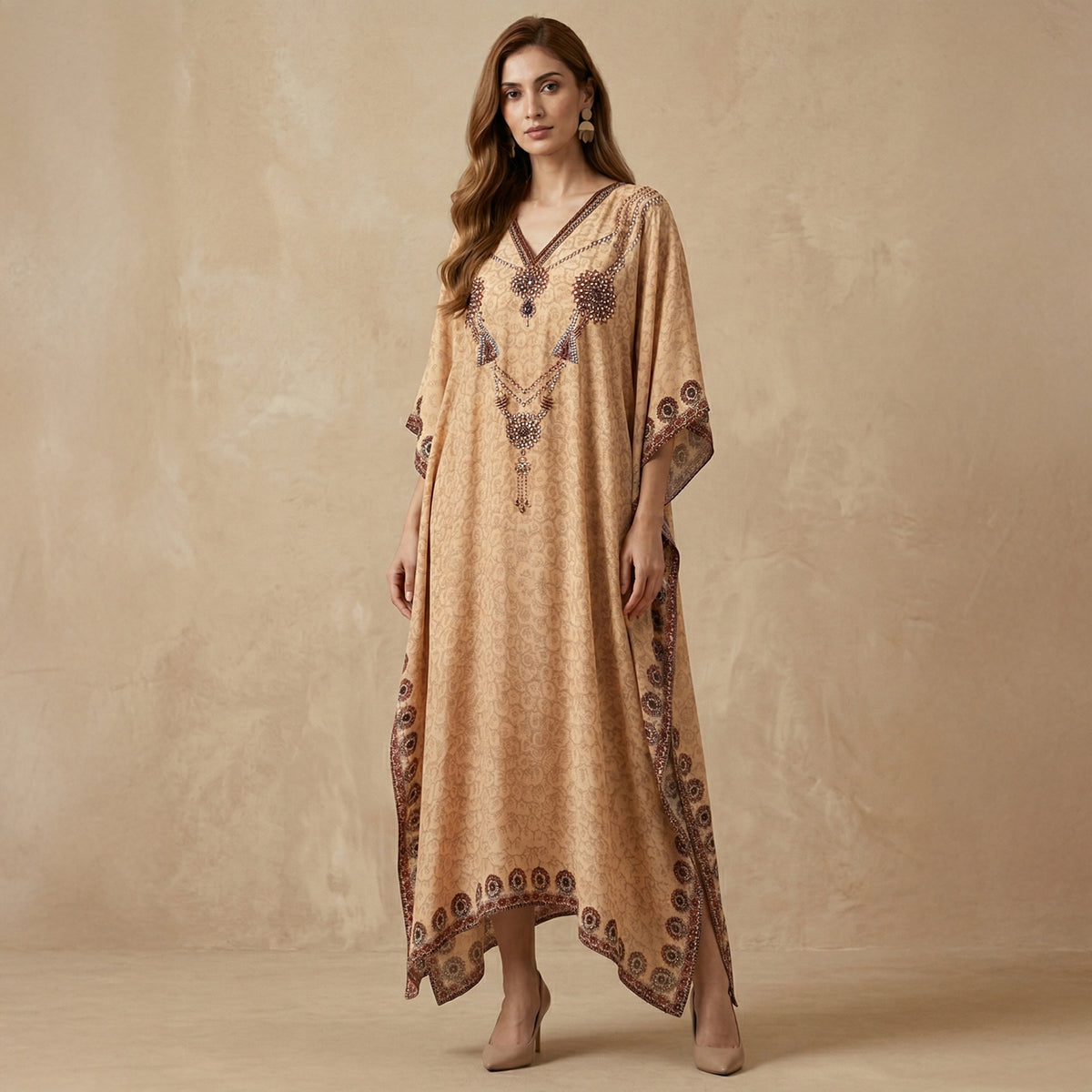 Yellow Pearl Print Kaftan for Women – Embellished | First Resort by Ramola Bachchan