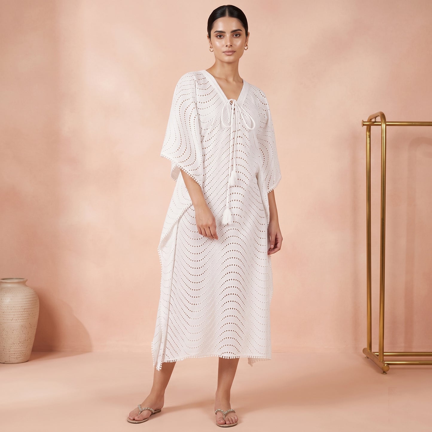 White Kaftan for Women – Cotton Eyelet | First Resort by Ramola Bachchan