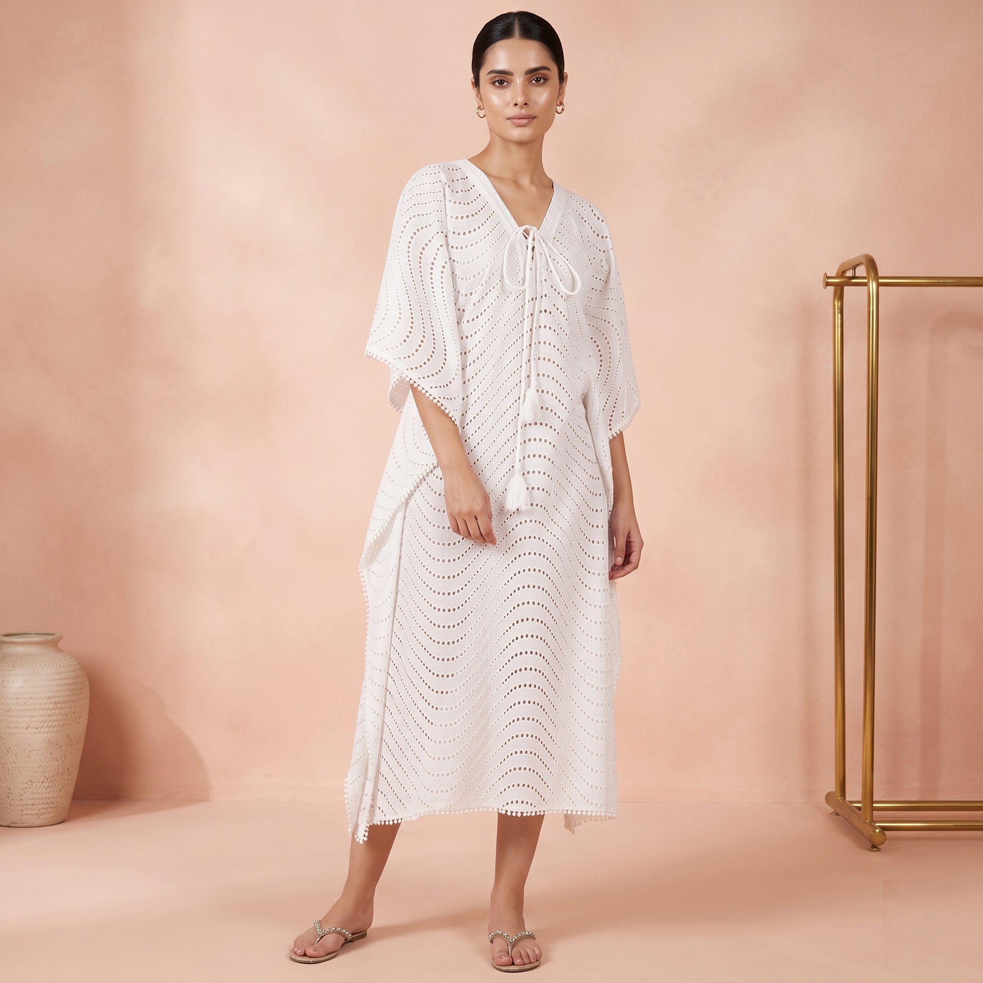White Kaftan for Women – Cotton Eyelet | First Resort by Ramola Bachchan