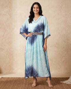 Blue Tie-Dye Full Length Kaftan with Lace