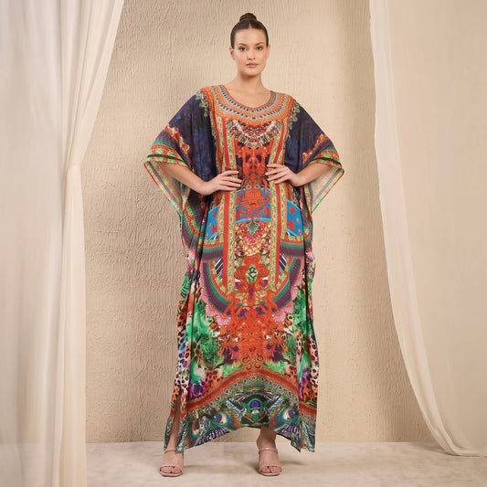 Black And Orange Jungle Print Kaftan for Women – Embellished | First Resort by Ramola Bachchan