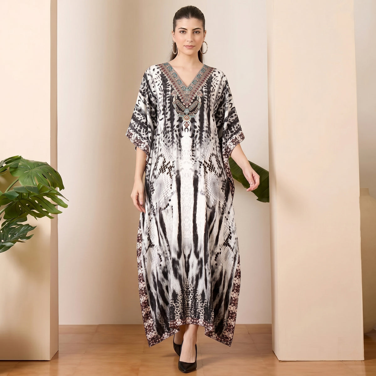 Black And White Animal Print Kaftan for Women – Embellished | First Resort by Ramola Bachchan