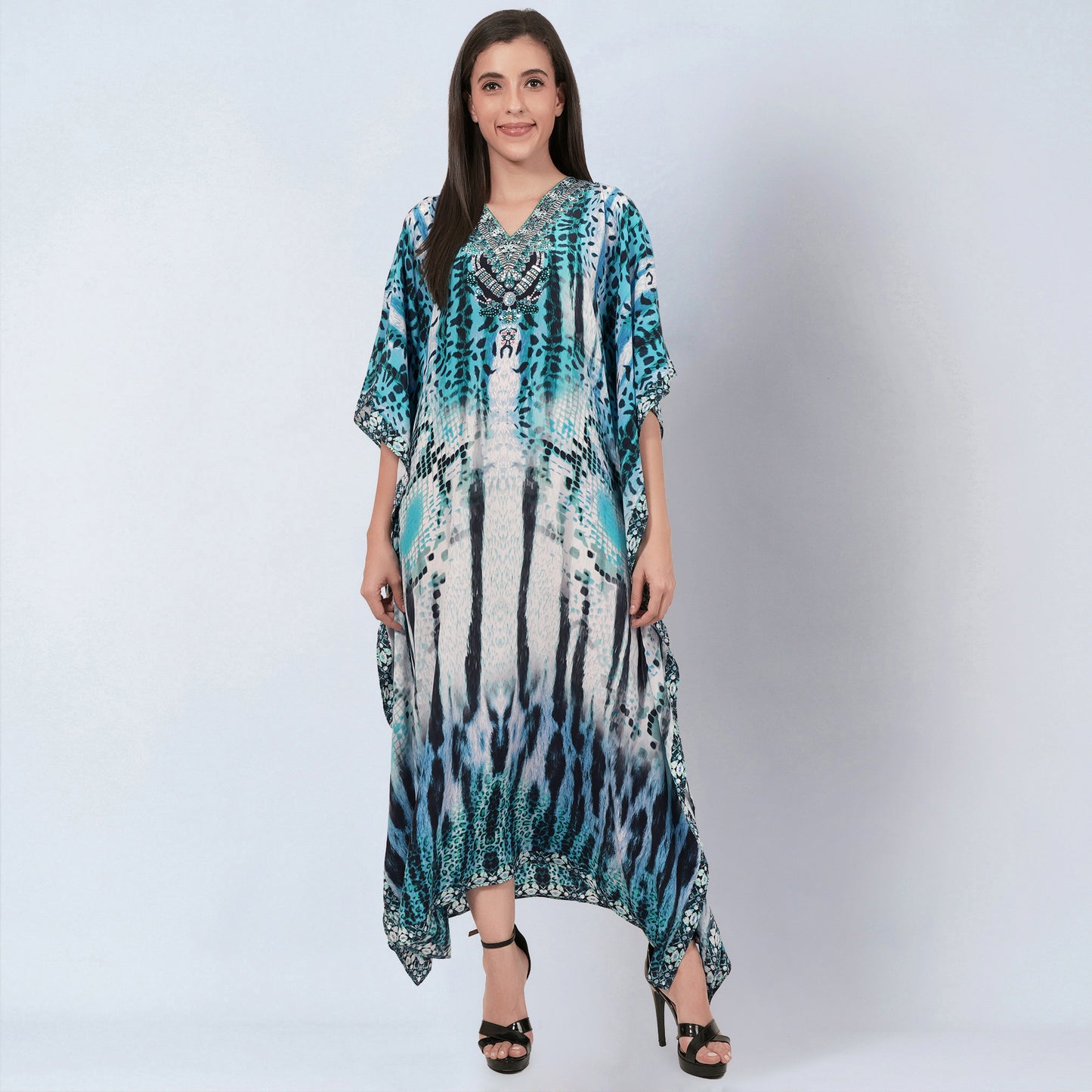 Blue and Black Animal Print Embellished Silk Full Length Kaftan
