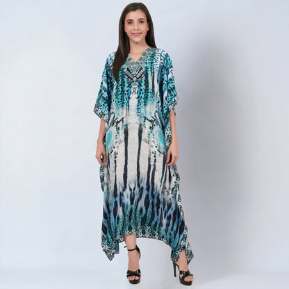 Blue and Black Animal Print Embellished Silk Full Length Kaftan