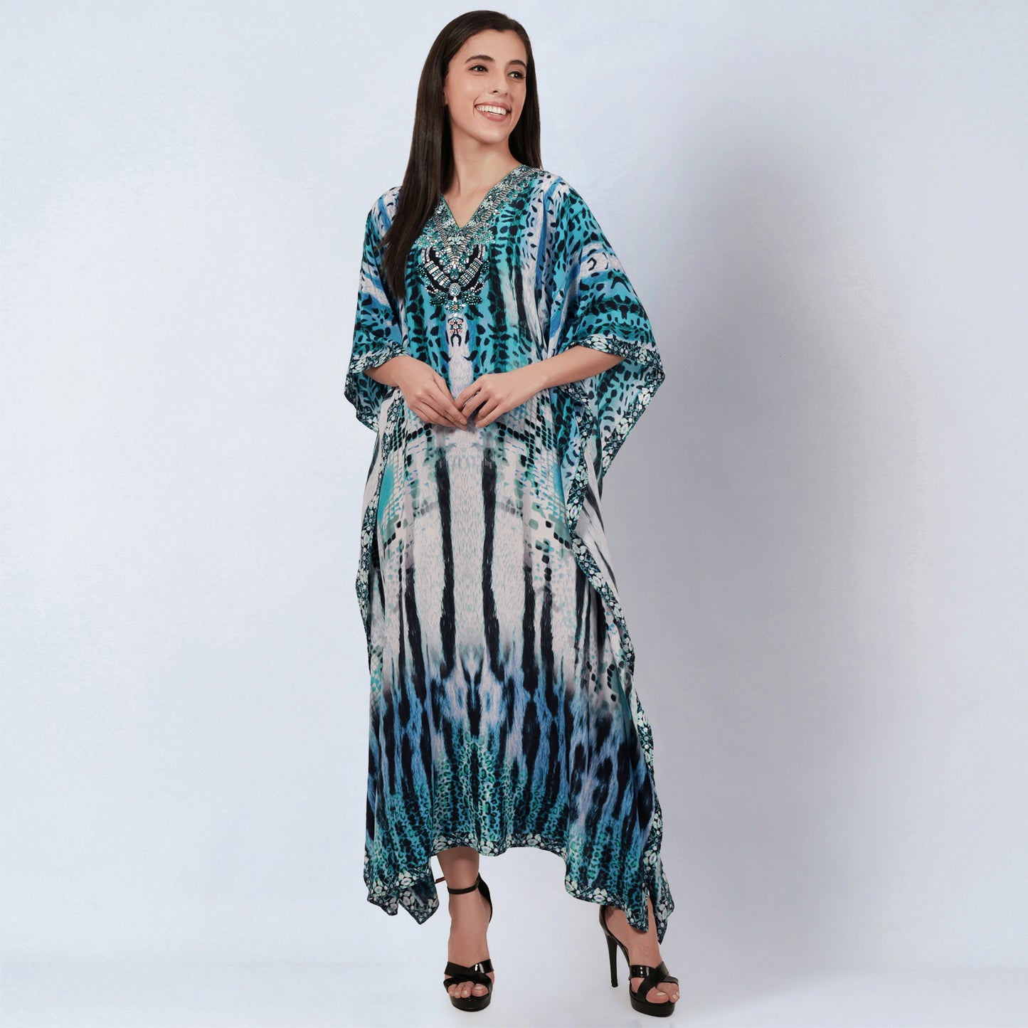 Blue and Black Animal Print Embellished Silk Full Length Kaftan