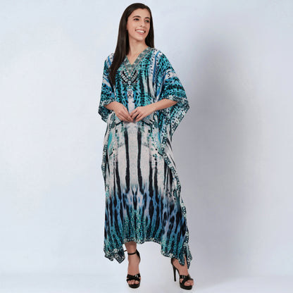Blue and Black Animal Print Embellished Silk Full Length Kaftan