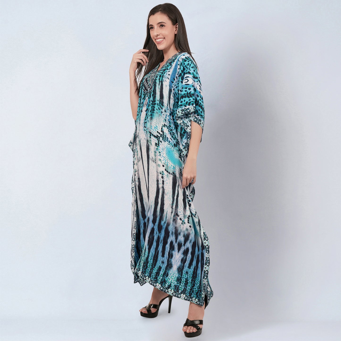 Blue and Black Animal Print Embellished Silk Full Length Kaftan