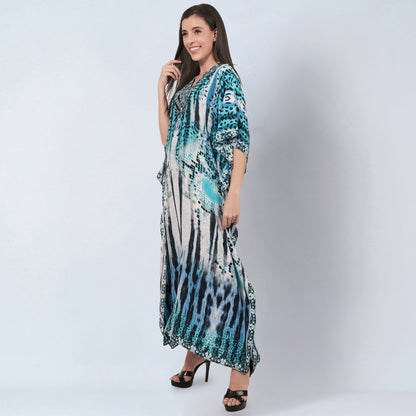 Blue and Black Animal Print Embellished Silk Full Length Kaftan