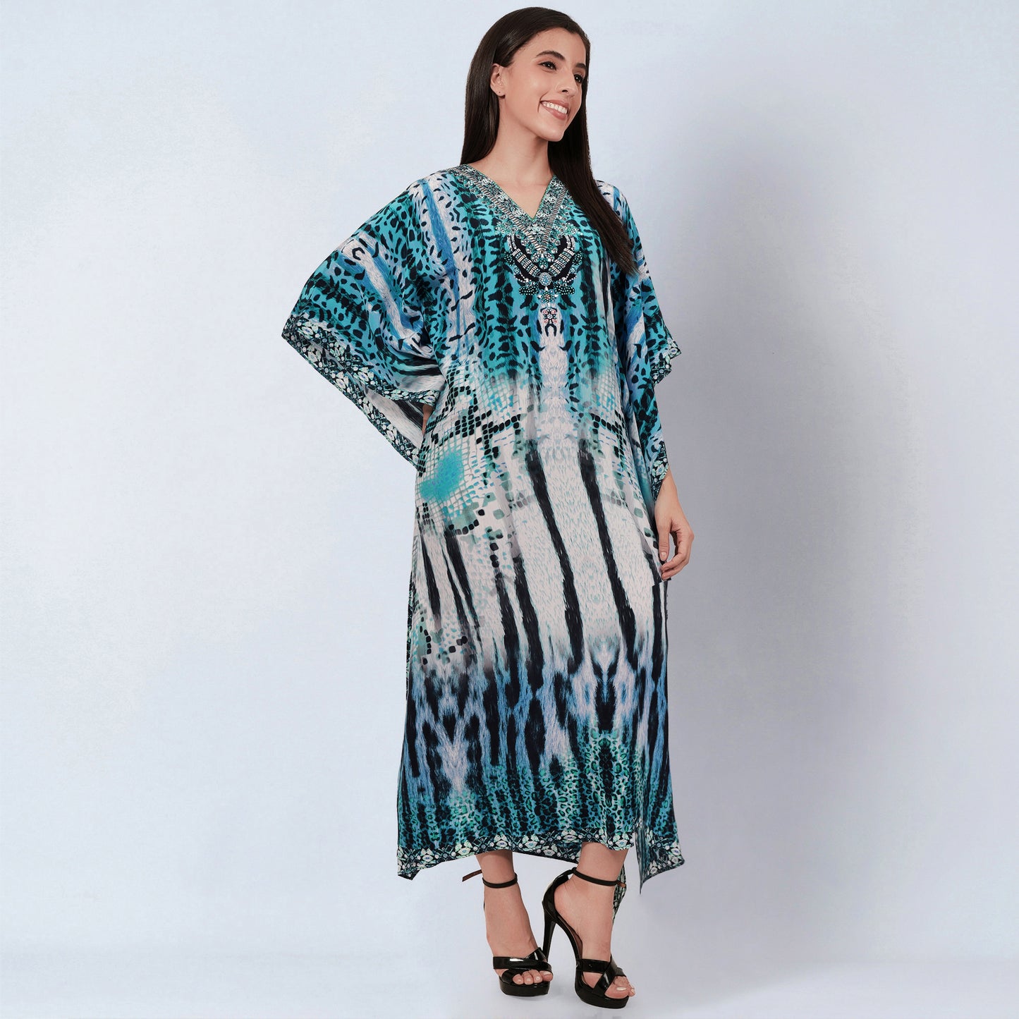 Blue and Black Animal Print Embellished Silk Full Length Kaftan