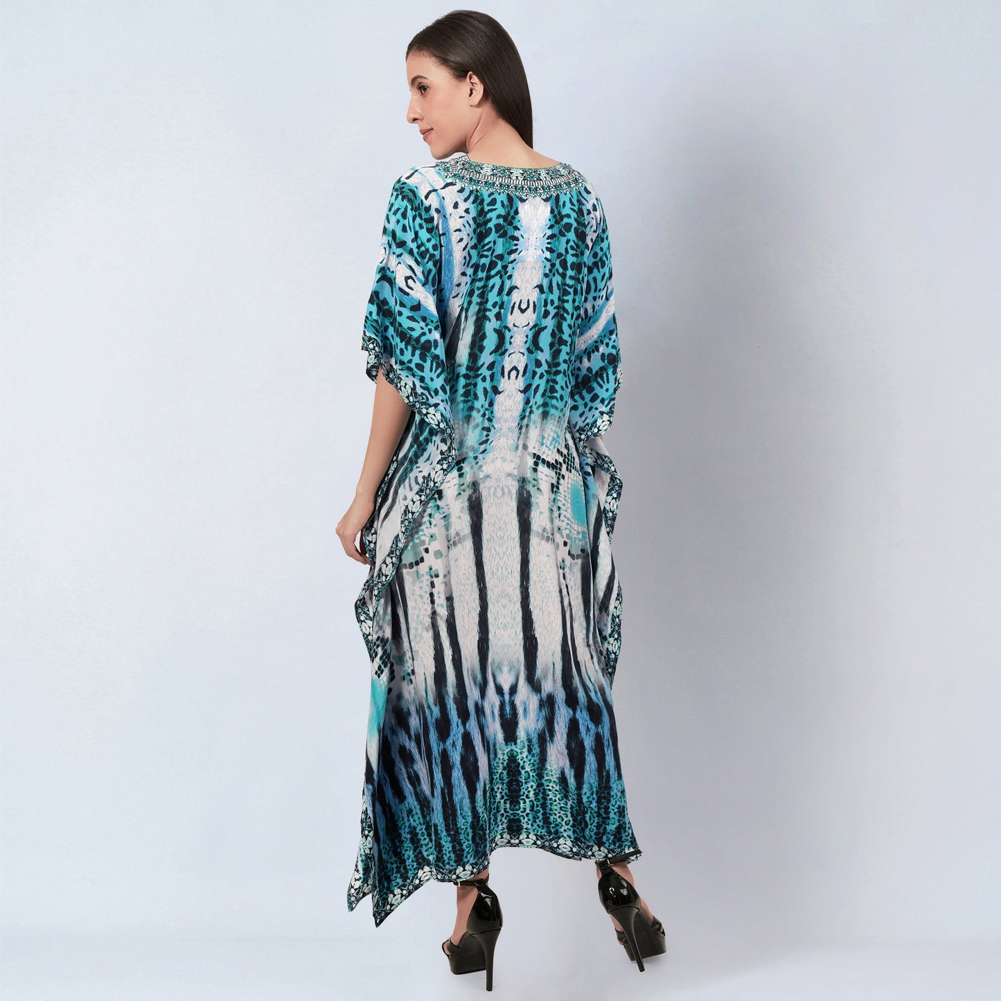 Blue and Black Animal Print Embellished Silk Full Length Kaftan