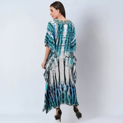 Blue and Black Animal Print Embellished Silk Full Length Kaftan