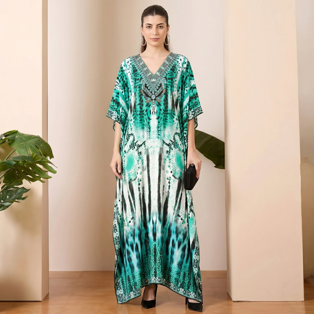 Green And Black Animal Print Kaftan for Women – Embellished | First Resort by Ramola Bachchan