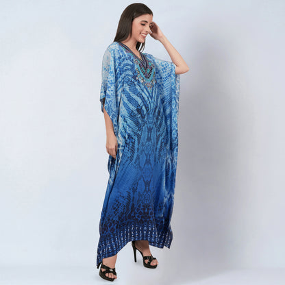 Blue Python Print Embellished Silk Full Length Kaftan